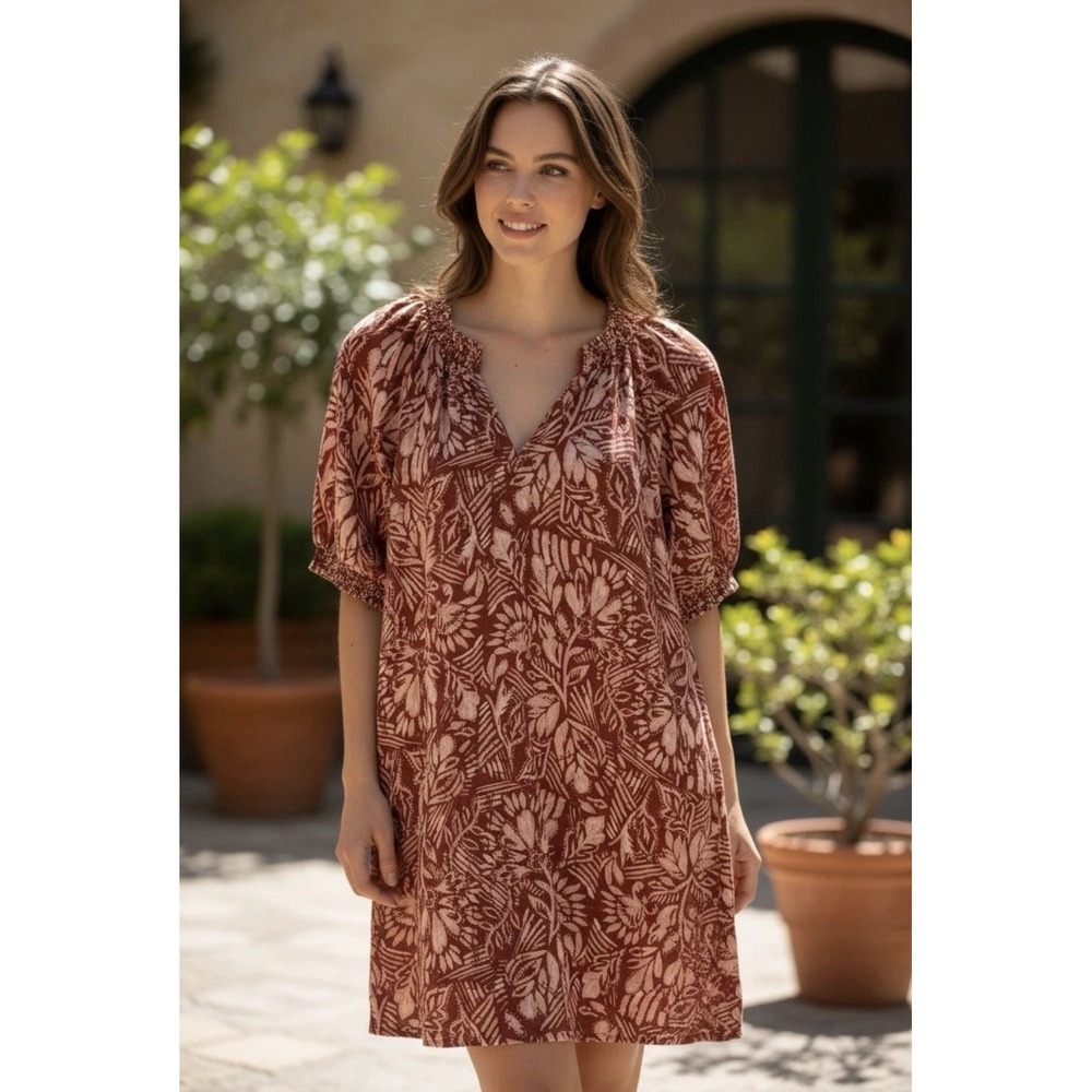 Garnet Hill V-neck Short Sleeve Linen Shift Dress Rust Floral Women 6 Boho Chic